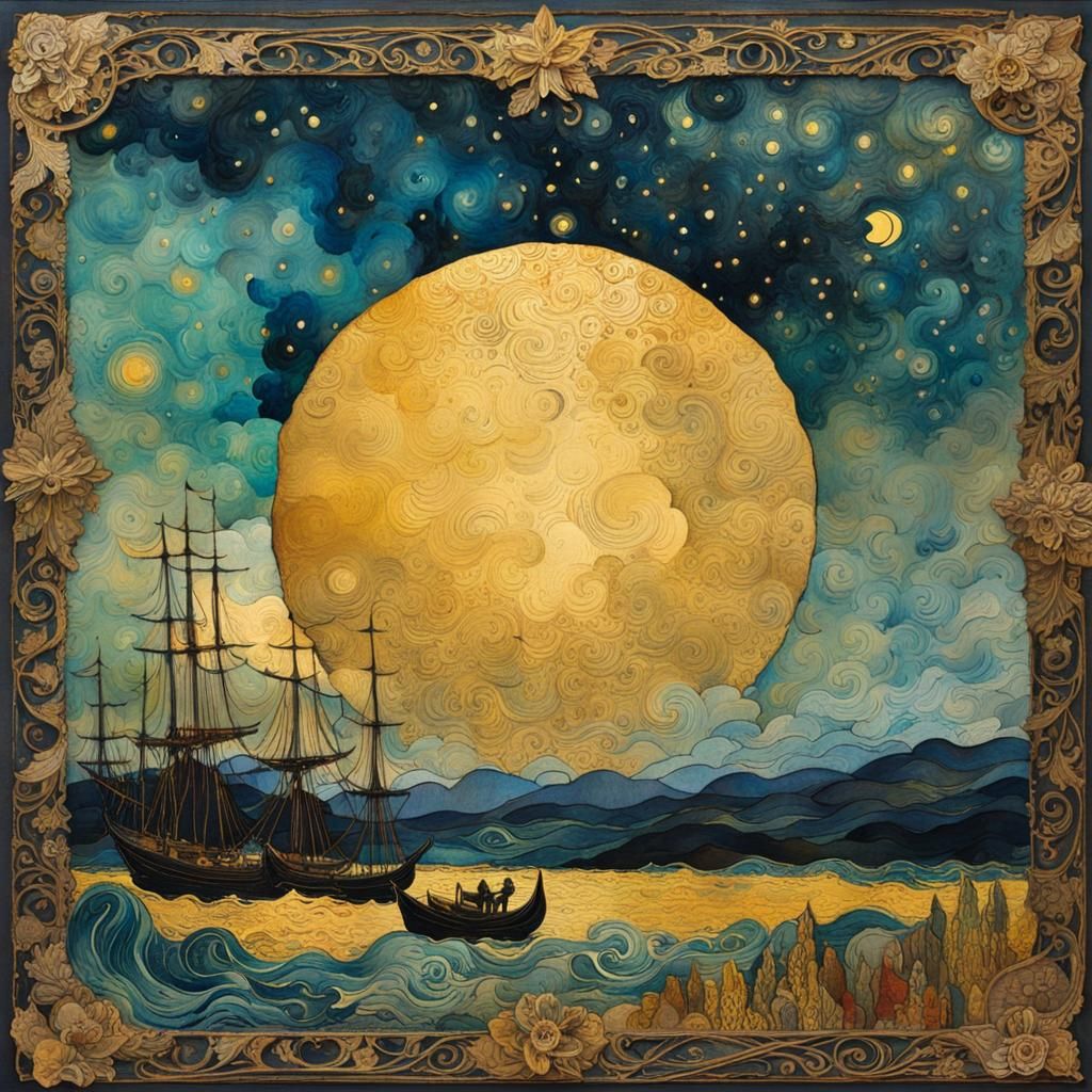 Vintage Watercolor Stormy Night in Van Gogh Style