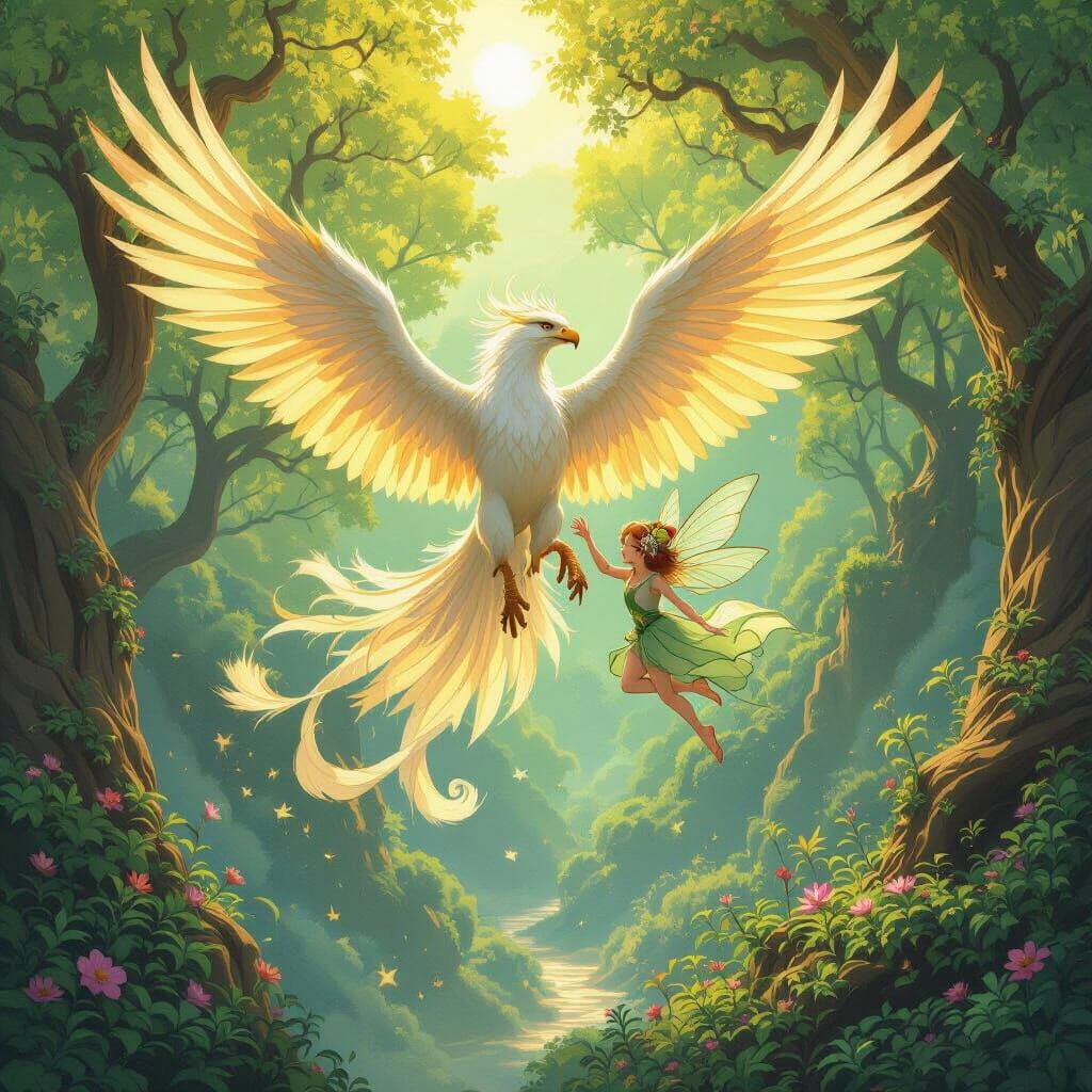 Griffin Soars with Pixie in Ghibli Art Nouveau Style