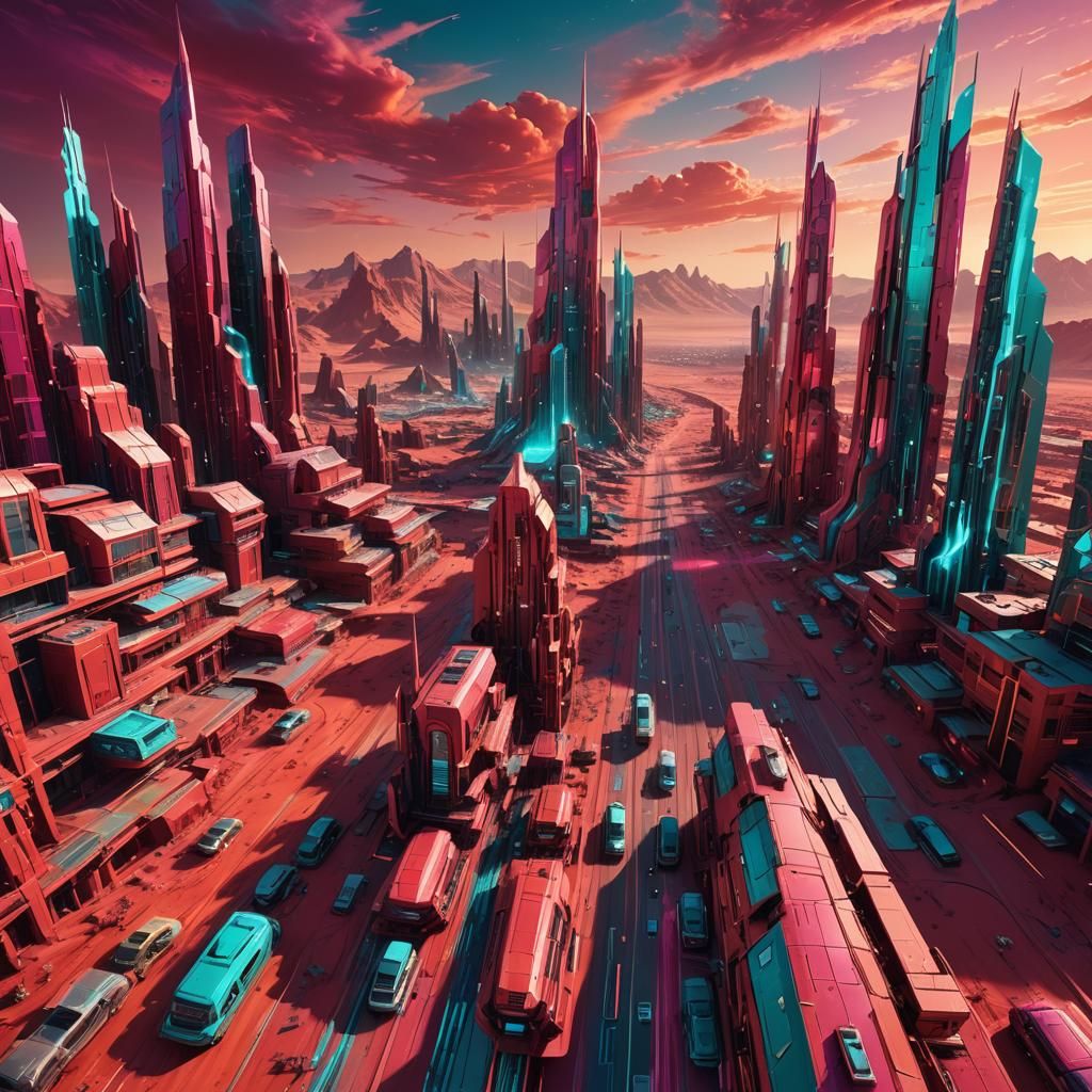Futuristic Martian Cityscape with Geometric Skyscrapers