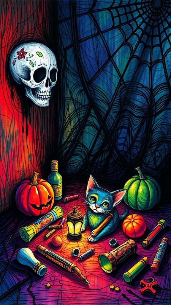 Childlike Halloween Scene: Black Cat and Santa Muerte