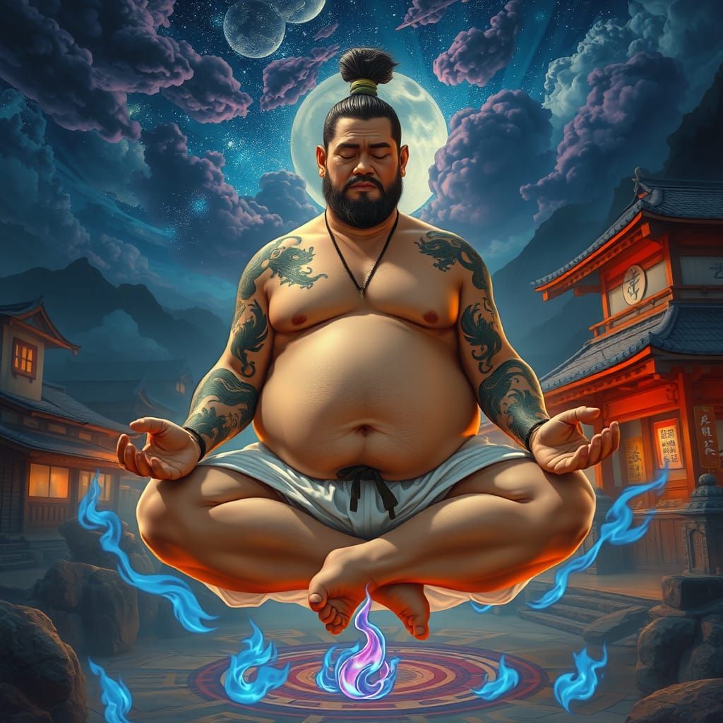 Meditating Samurai in Dreamlike Psychedelic Sky