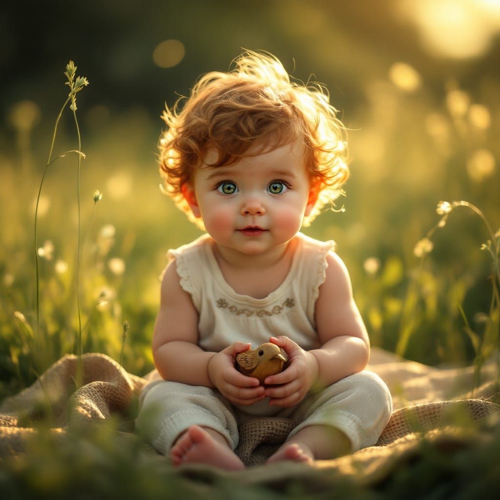 Serene Young Boy Surrounded by Sunlit Meadow