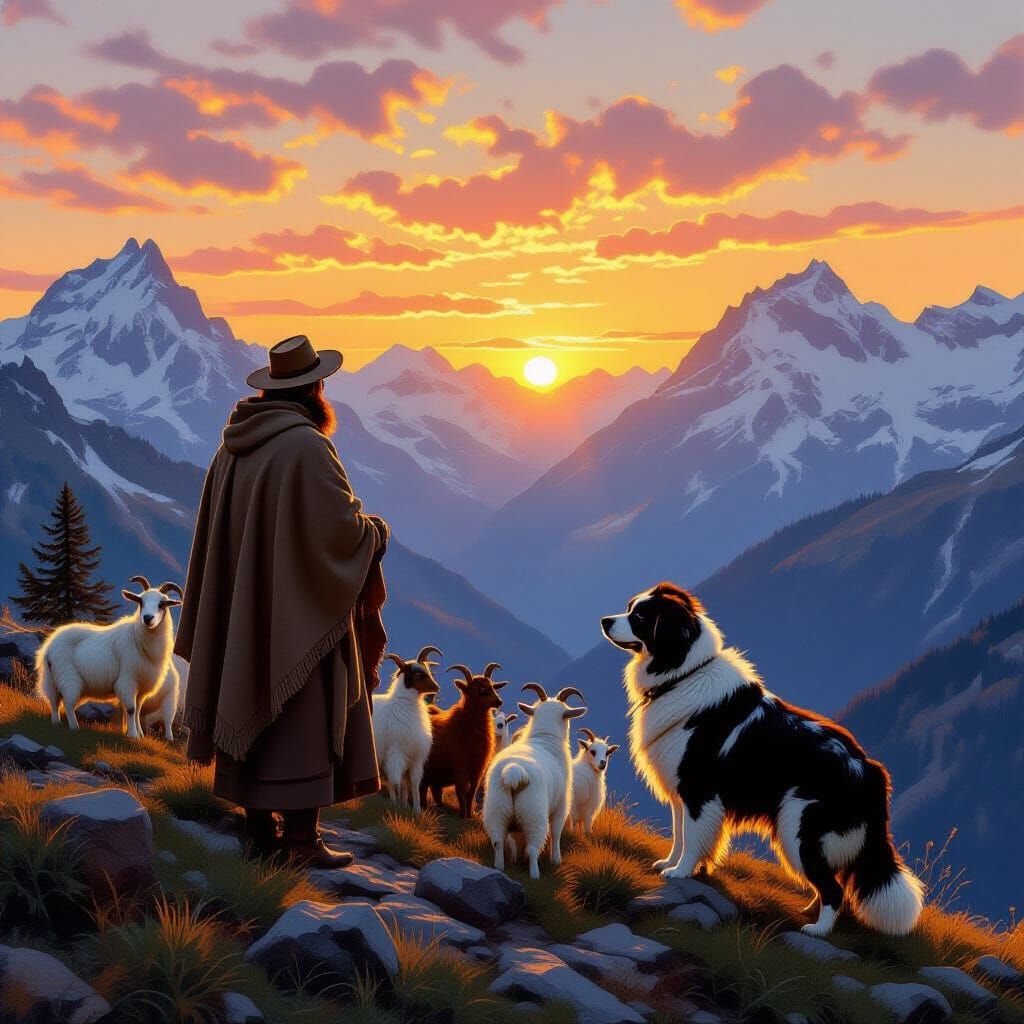 Swiss Shepherd Sunset Scene as Romantic Landscape Painting