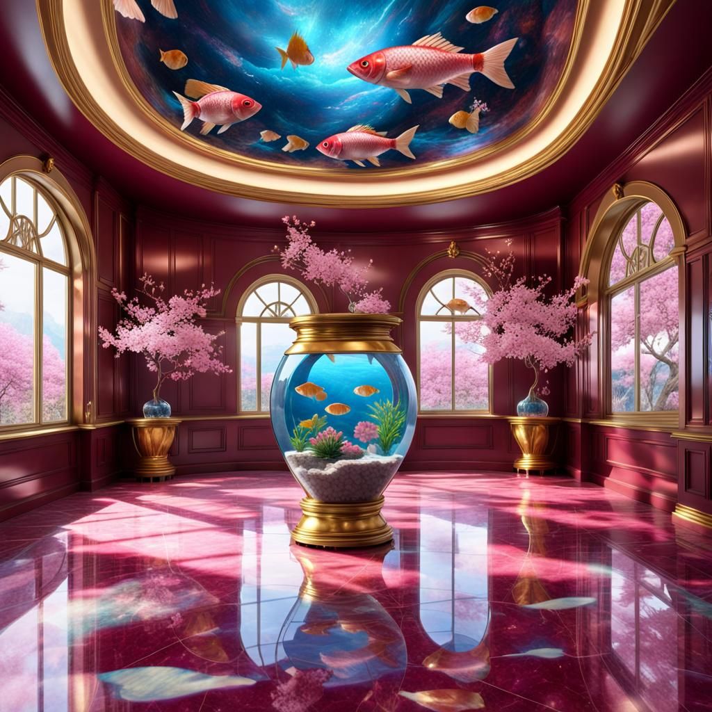 Futuristic Lounge with Colorful Aquarium in Cosmic Style