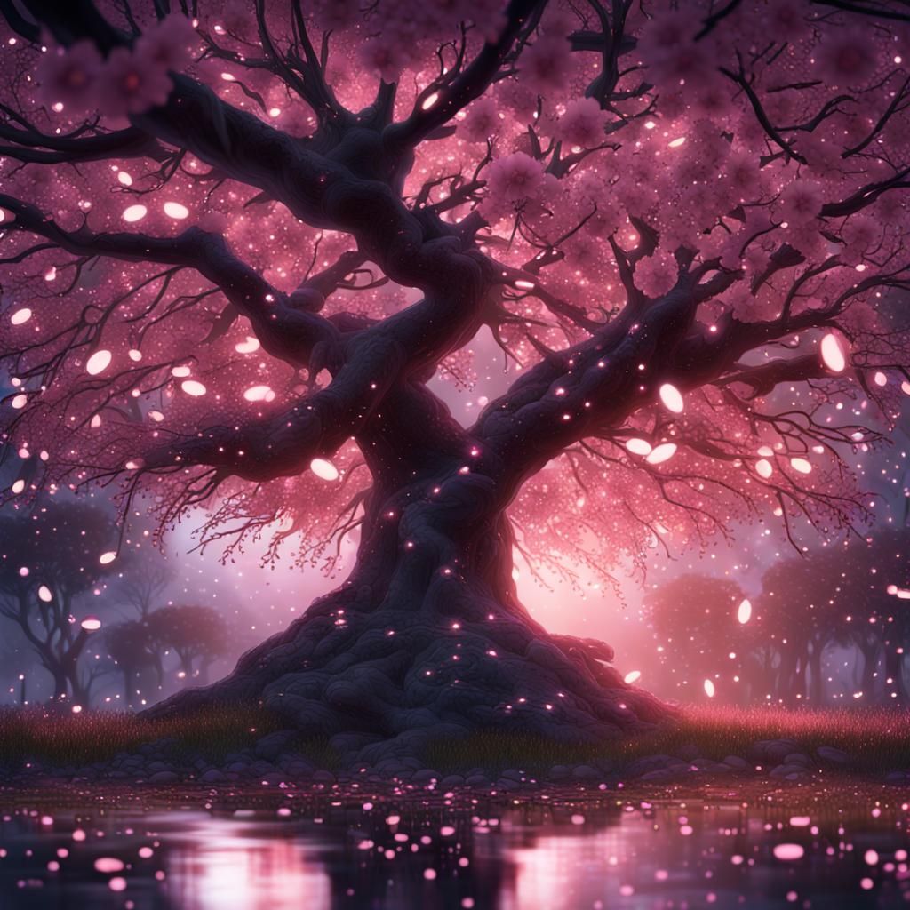 Blooming Sakura Tree at Night: Fantasy Concept Art