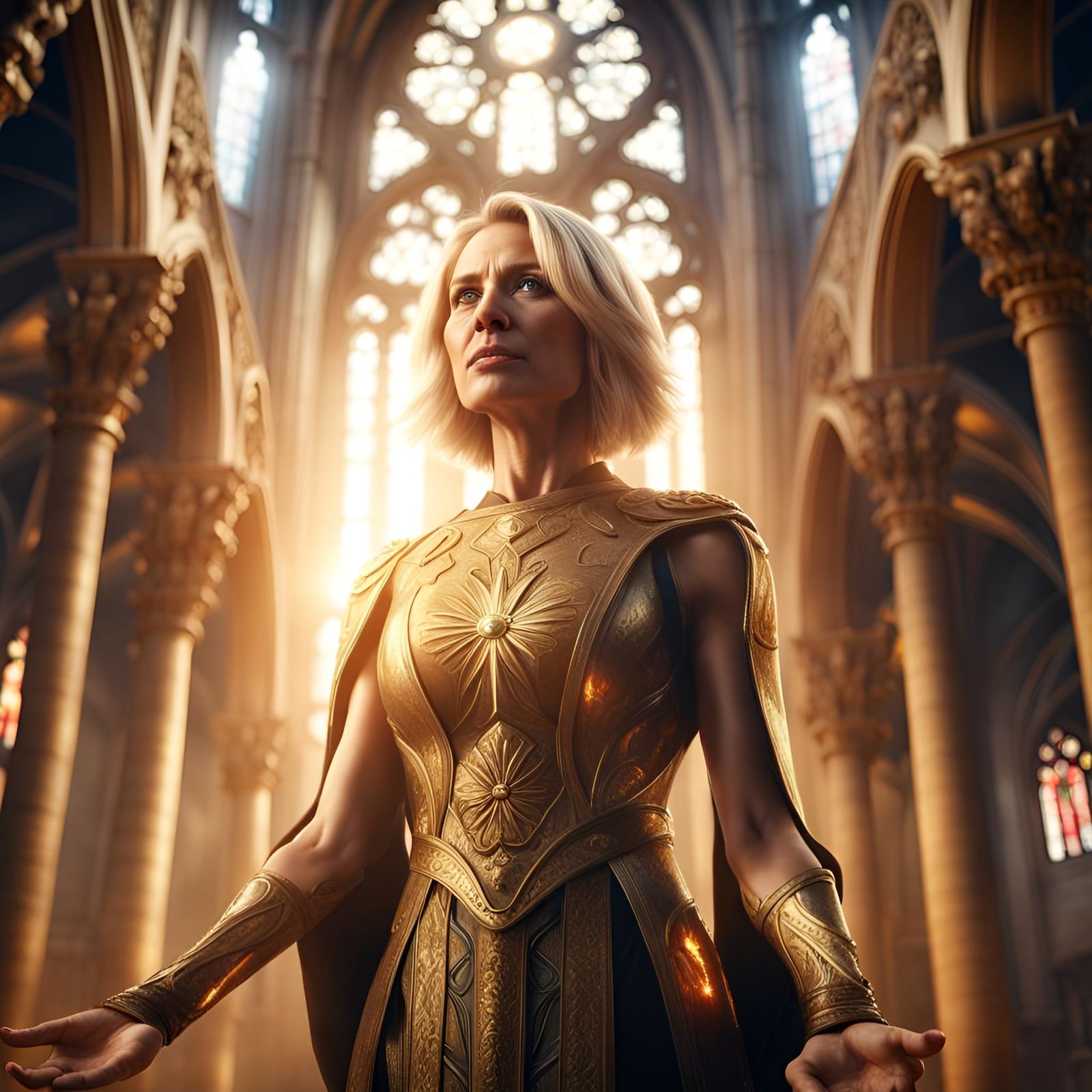 Radiant Woman Emanating Golden Light in Cathedral