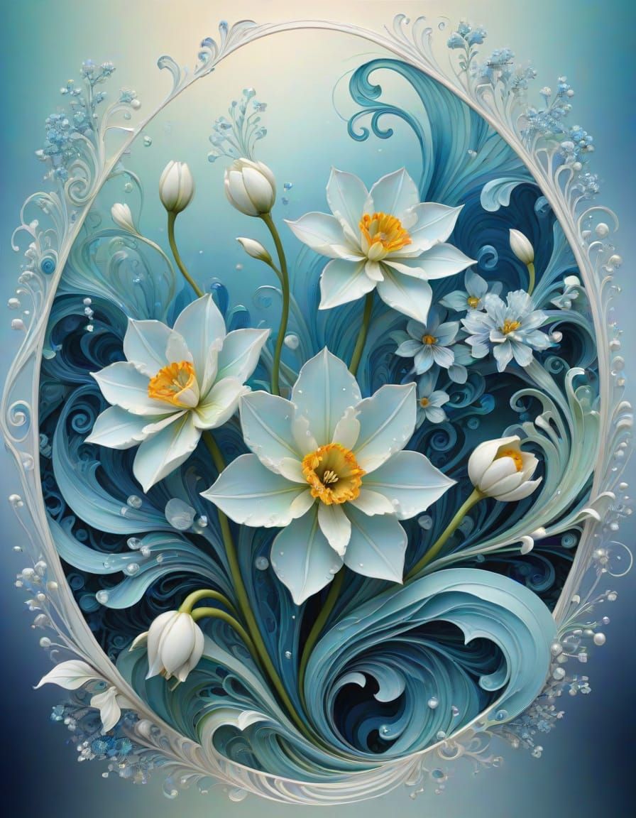 Delicate Blue Narcissus Flower in Oval Frame