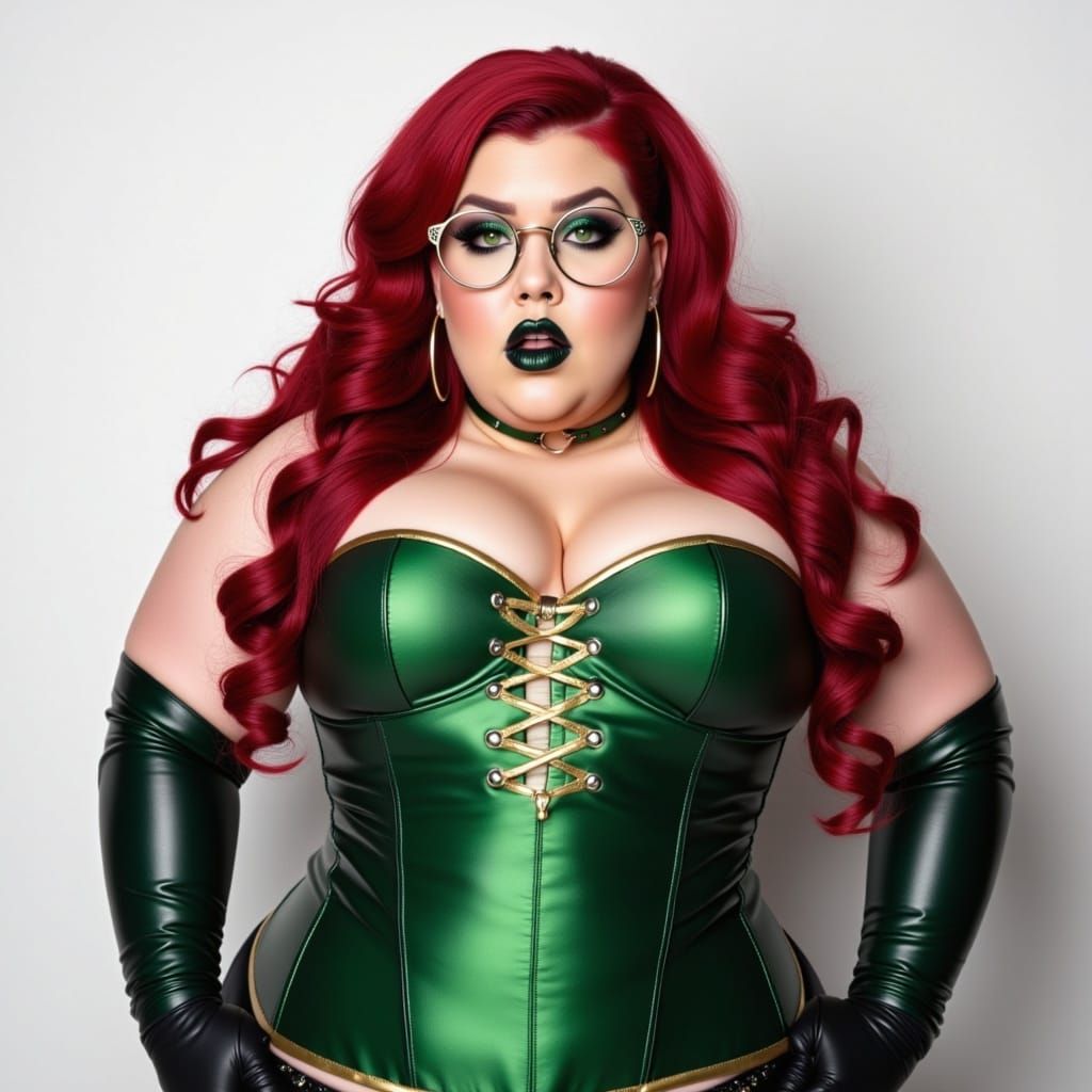 Sultry Cosplay Portrait of a Plus-Size Woman in Elegant Gree...