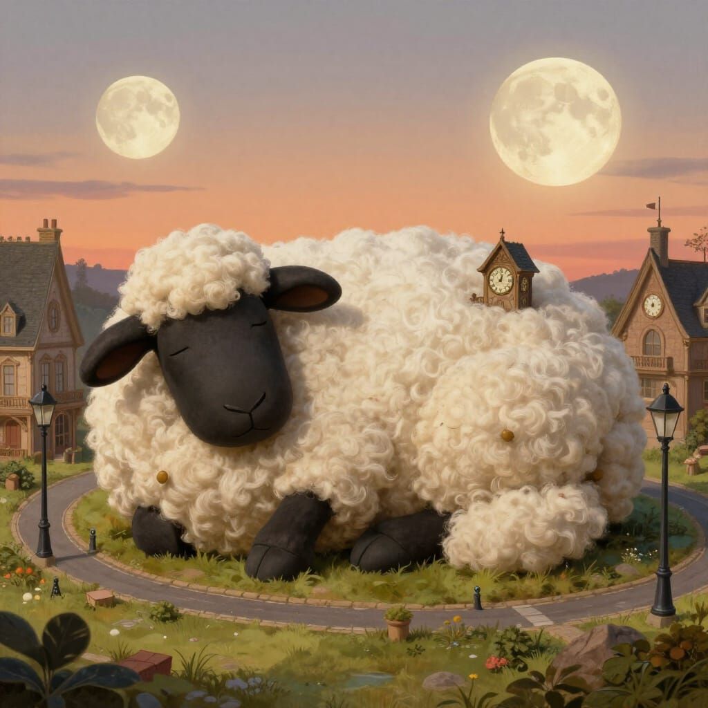 Giant Sheepdog Forms Cozy Surreal Miniature World Landscape