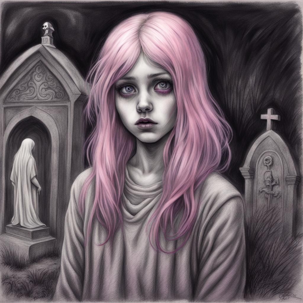 Girl Talking to Ghost in Cemetery: Charcoal Drawing