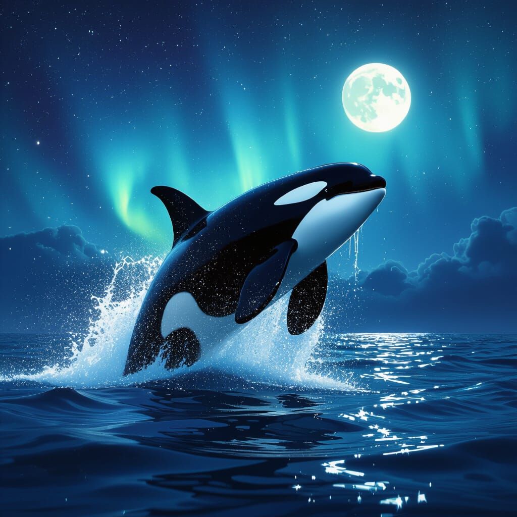 Orca Leaps Under Aurora Borealis in Dreamlike Style