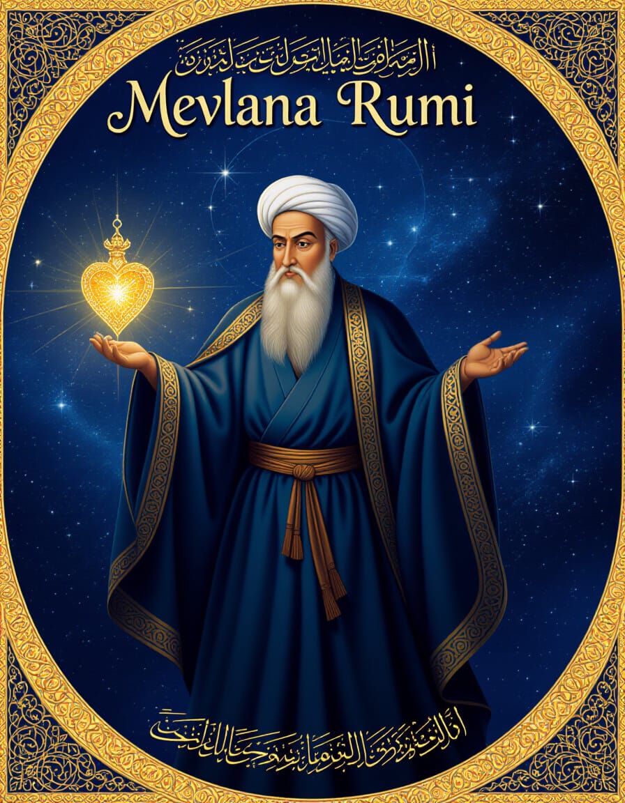 Spiritual Digital Painting of Rumi Floating in Cosmic Univer...