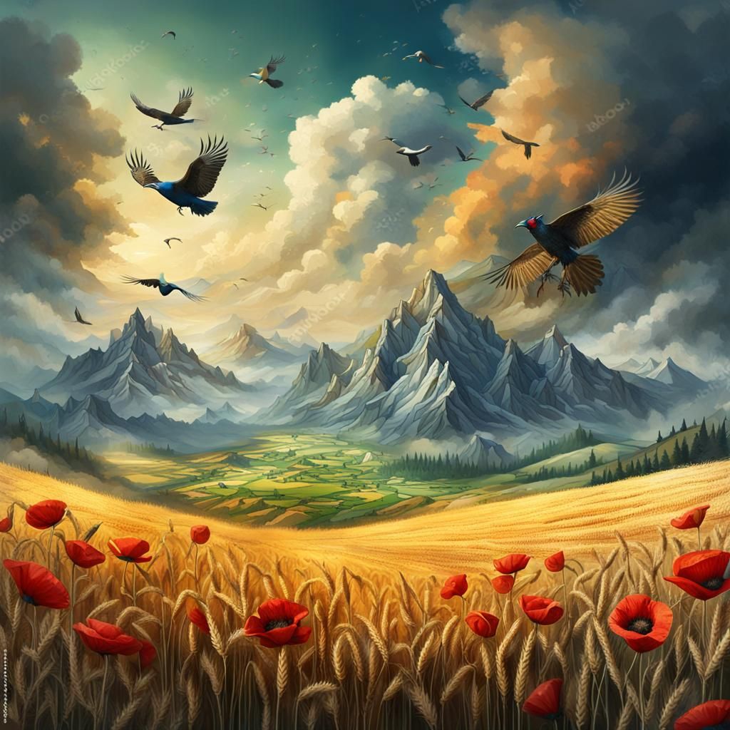 Mountain Peaks Over Wheat Field with Poppies