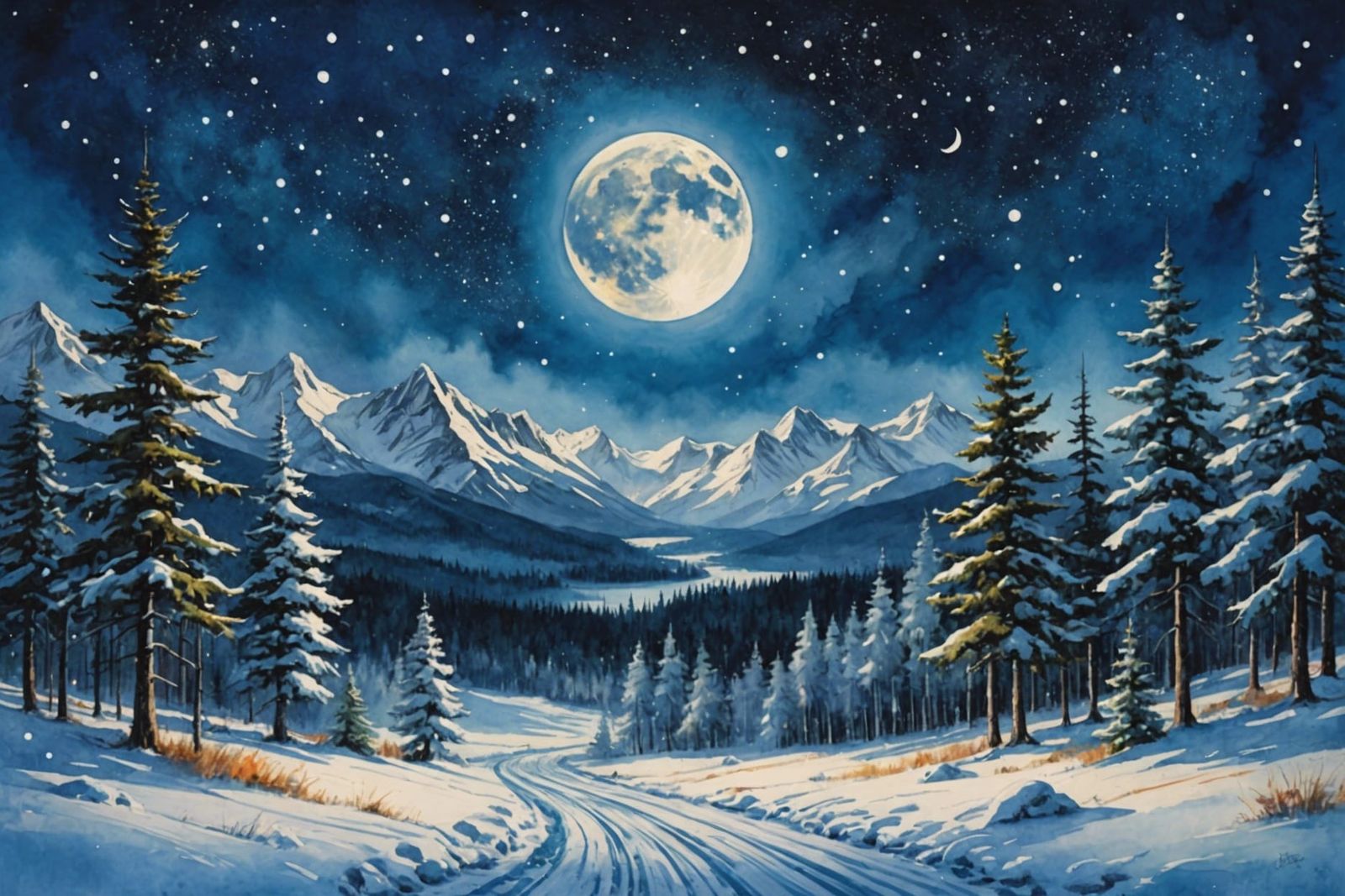 Blue Moon Over Snowy Mountains: 3D Anime Art