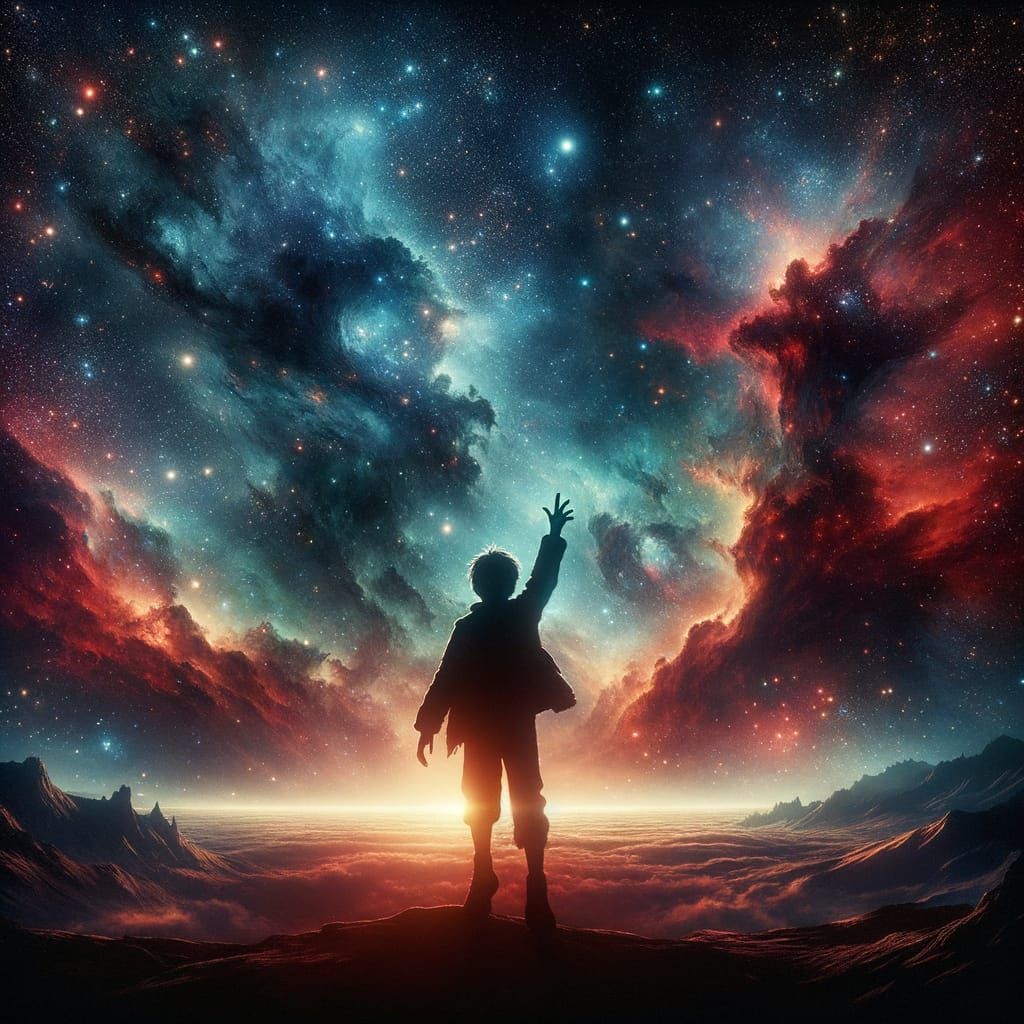 Boy Reaching for Cosmic Stars in Vast Nebula