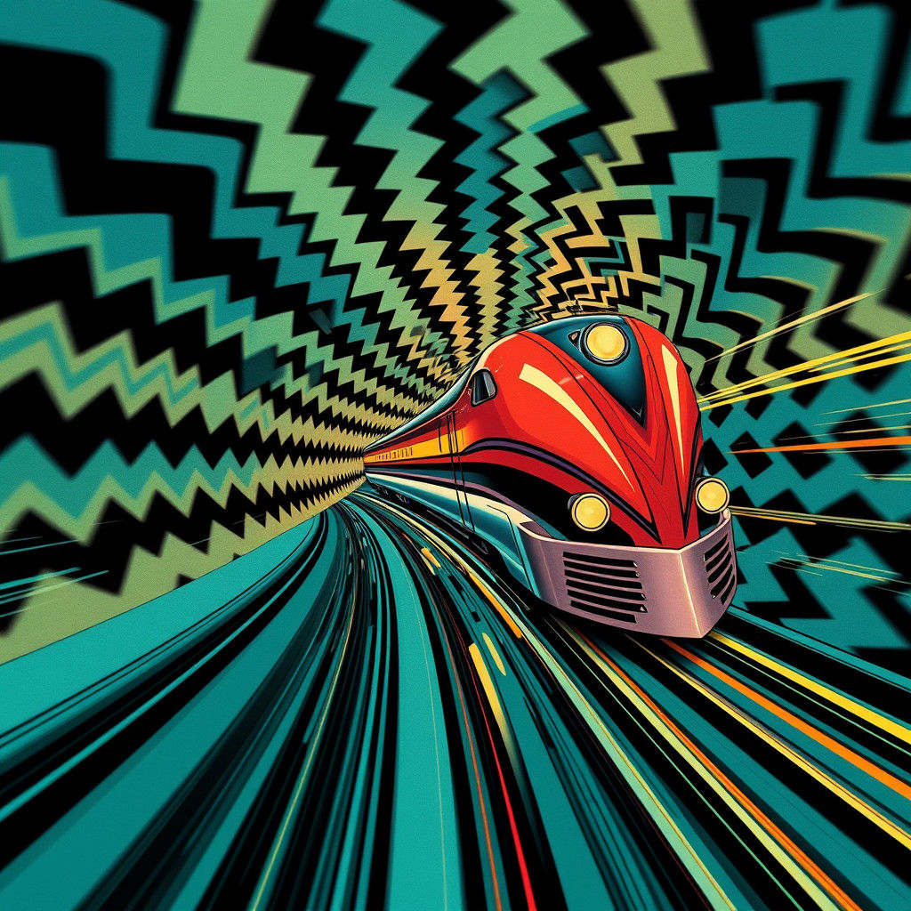 Art Deco Train Speeds Through Psychedelic Tunnel