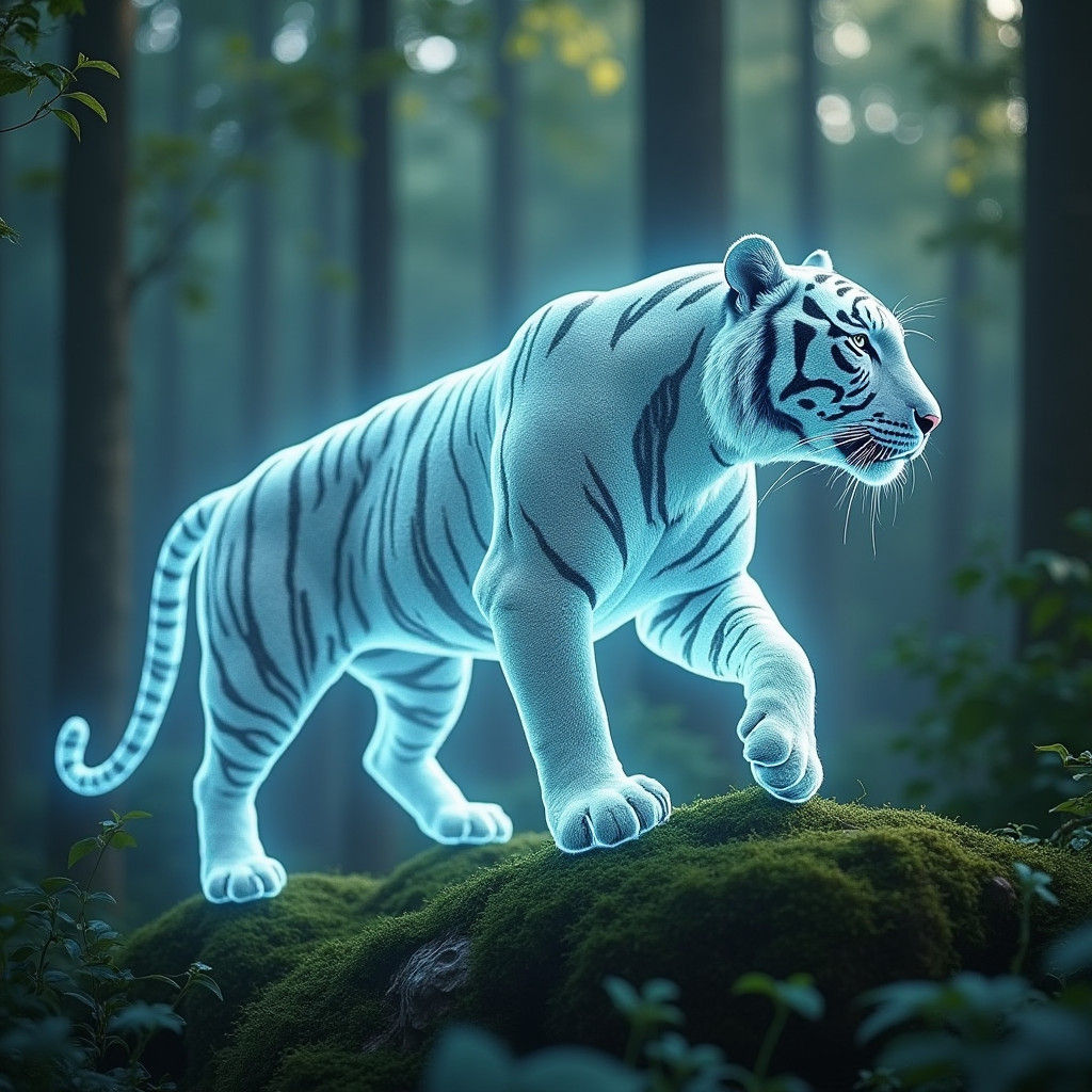 Luminous Tiger Gliding Through Enchanted Forest