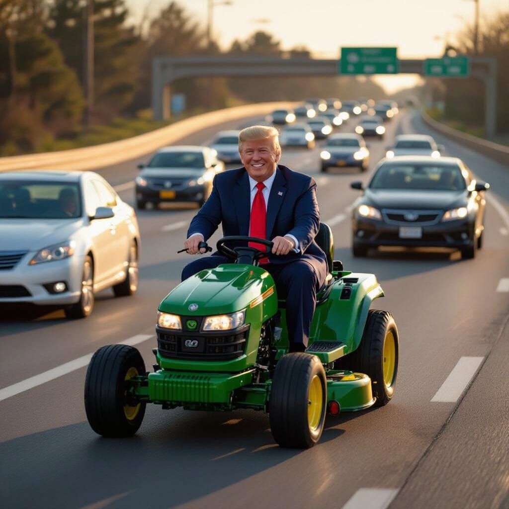 Trump Joyfully Drives Lawnmower on Busy Highway