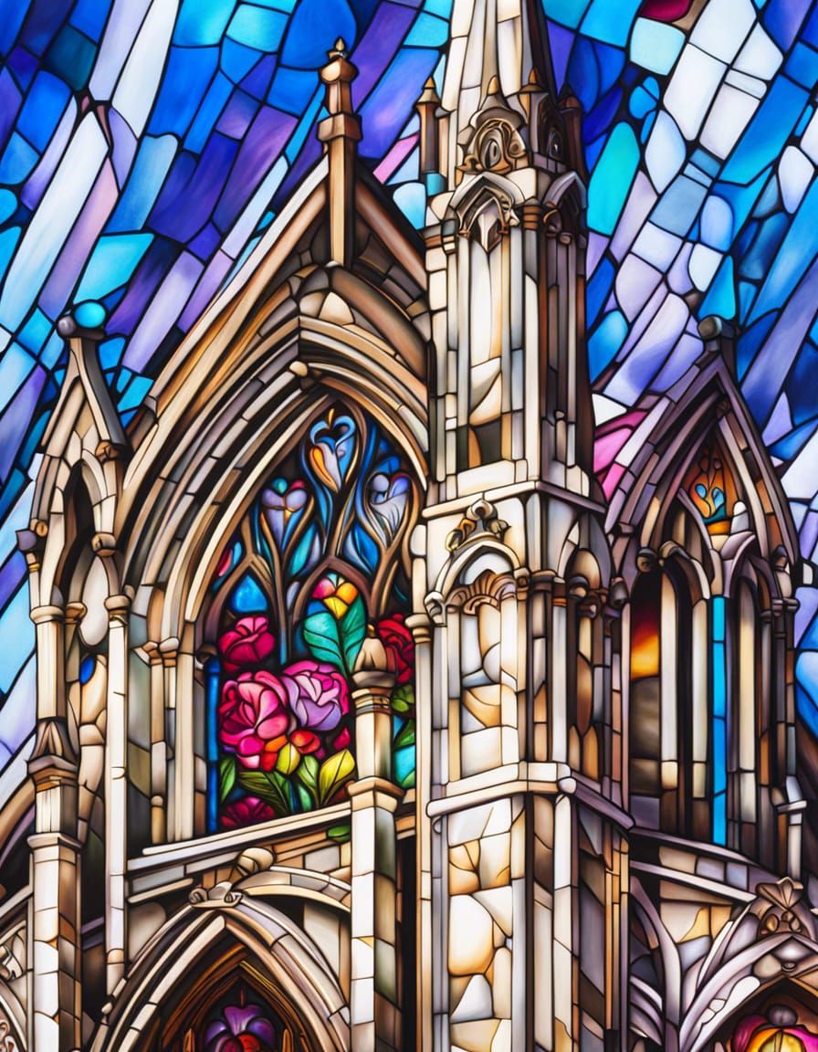 Stained Glass Window with Floral Graffiti Art