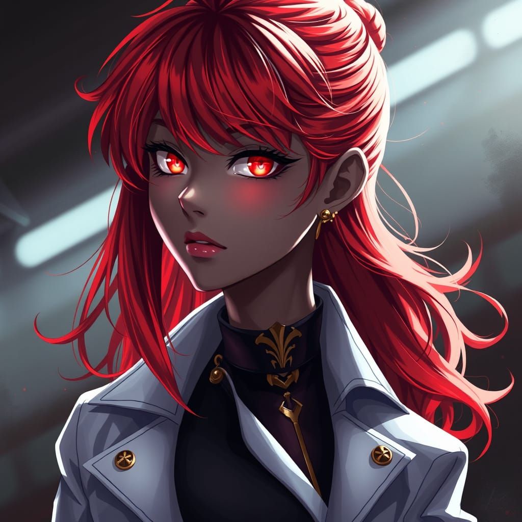 Dark Grey Skinned Woman in Anime-Style Scientist's Coat