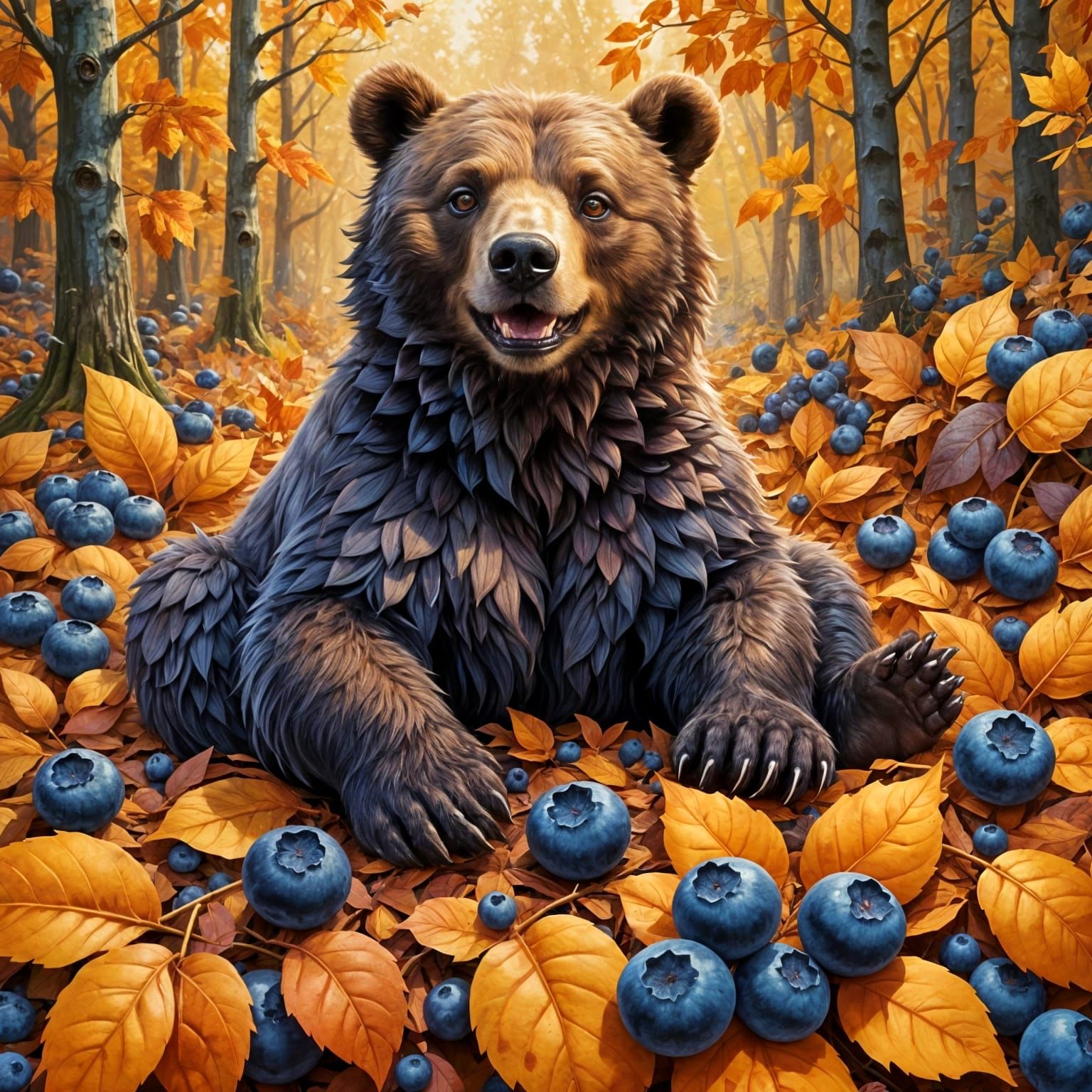 Autumn Fantasy Bear Amidst Blueberries