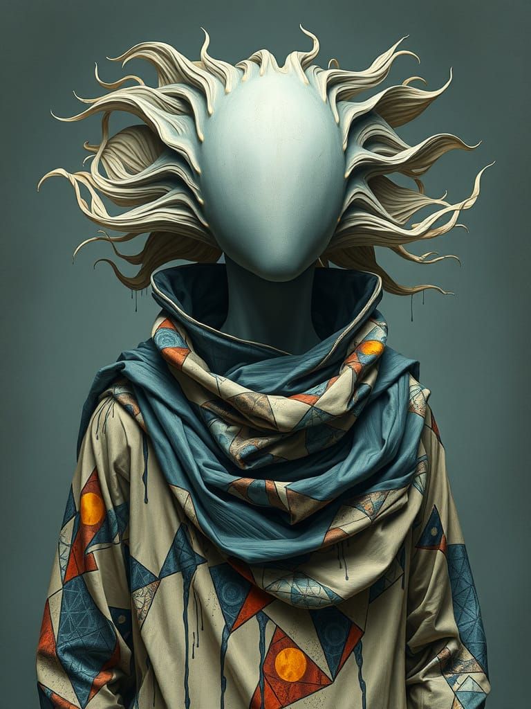 Futuristic Humanoid with Geometric Silk Garments