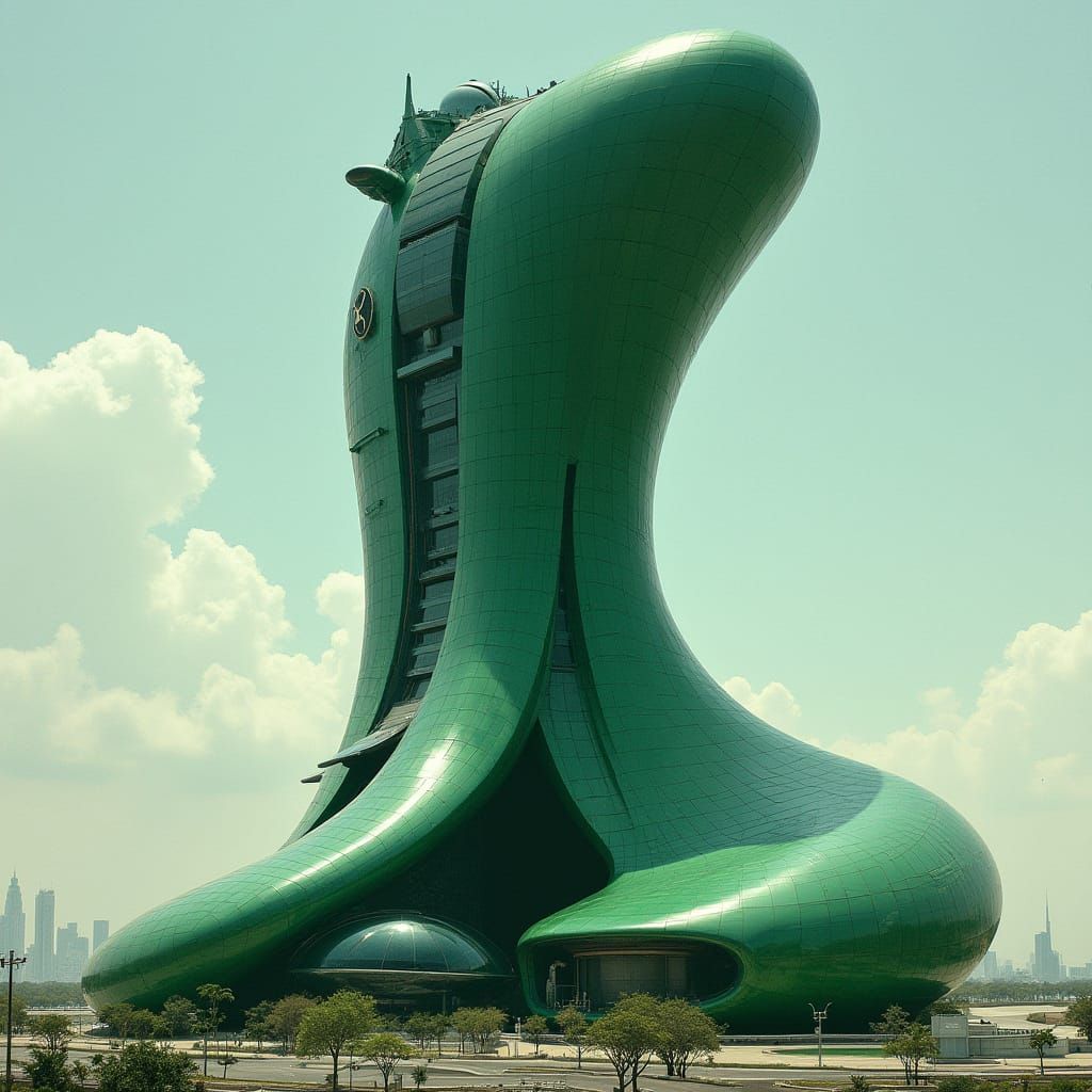 Glossy Green Snake-Shaped Skyscraper in Futuristic Style
