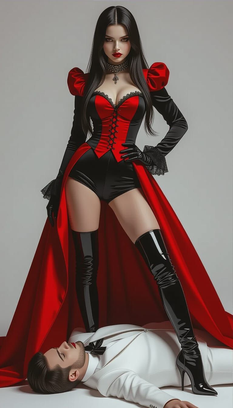 Gothic Teen Girl in Red Outfit Dominates Man in White Suit