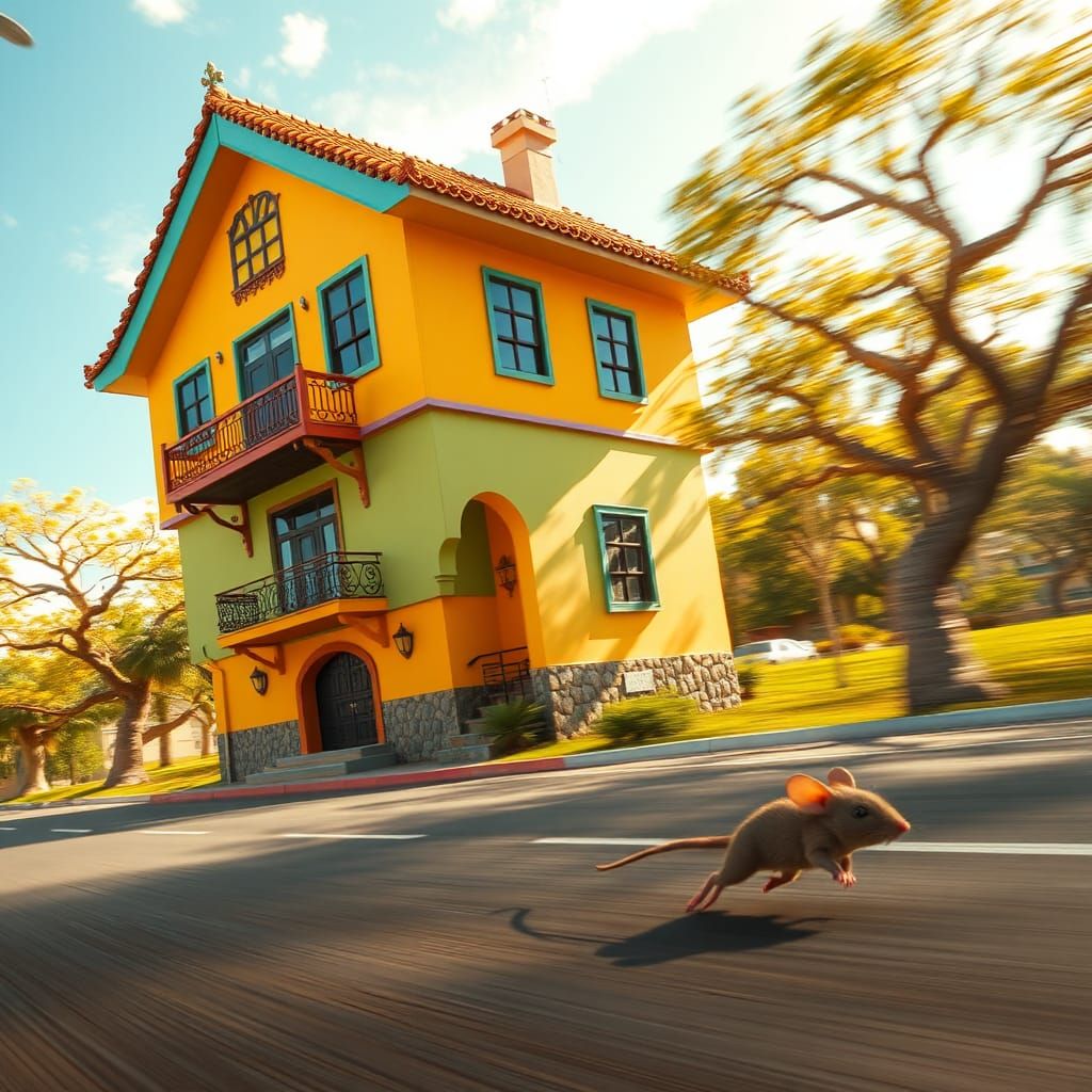 House Chasing Mouse in Rio, Hyperrealistic Scene