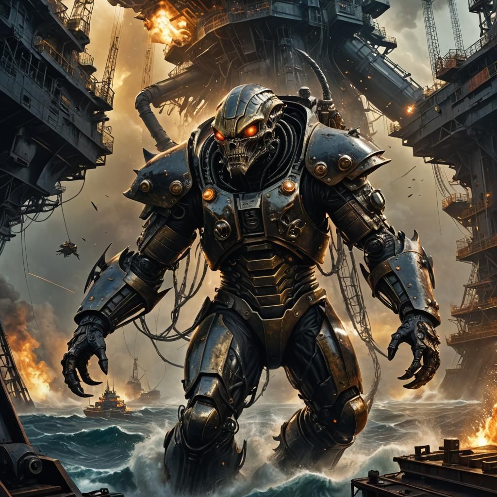 Alien Brigadier Assaults Oil Rig in Dark Fantasy Art