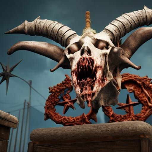 Rotting Zombie Goat Heads on Altar in Matte Painting