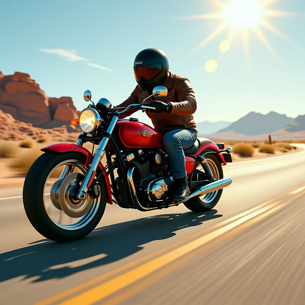 Motorcycle Rider on Desert Highway as Matte Painting