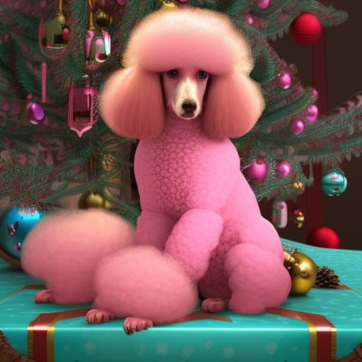 Vintage Pink Poodle Christmas Fantasy Art