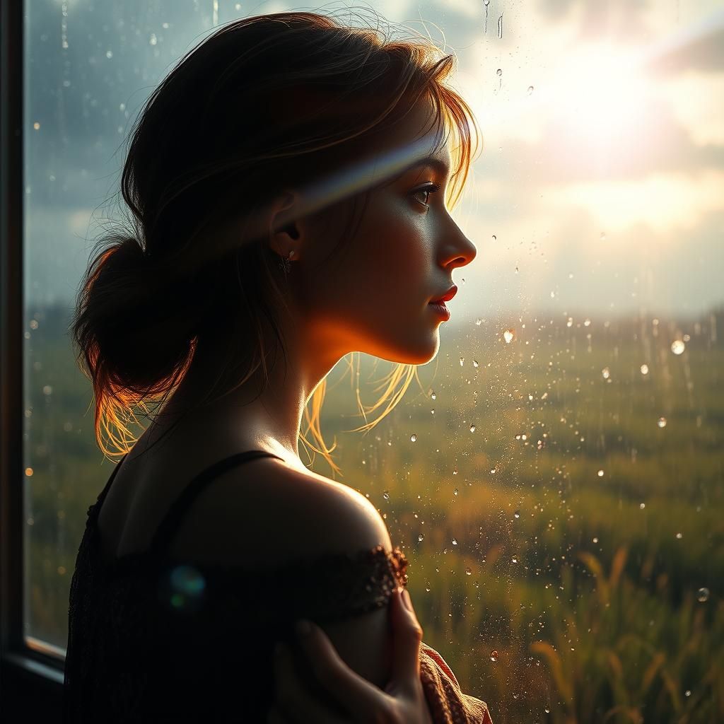 Ethereal Portrait on Rain-Soaked Glass