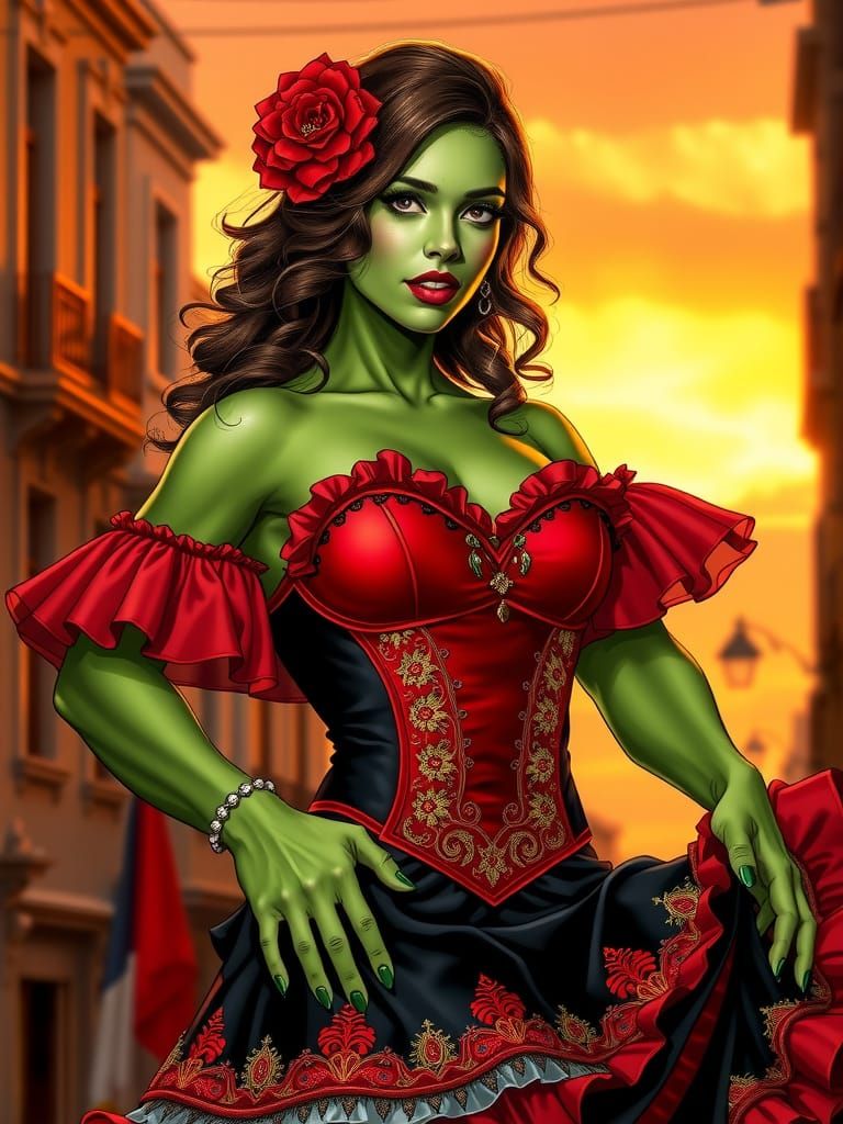 She-Hulk as Spanish Flamenco Dancer, Comic Book Style