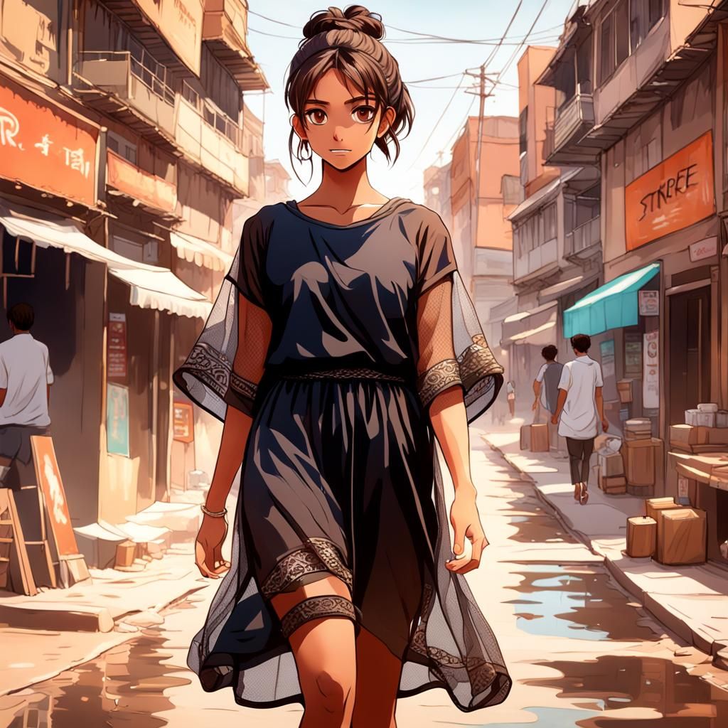 Anime Style Indian Woman in Sheer Dress