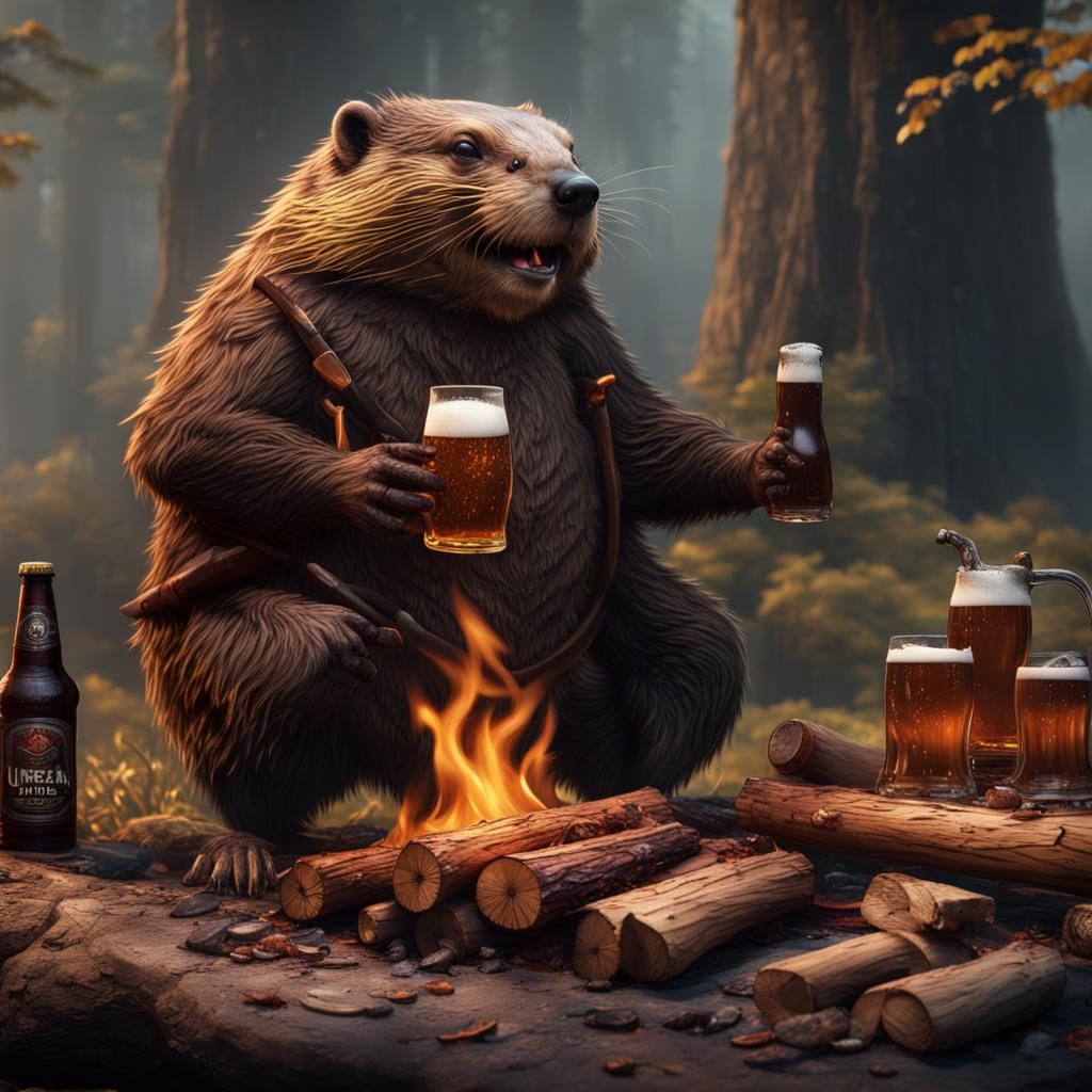 Beaver Grilling Logs and Drinking Beer