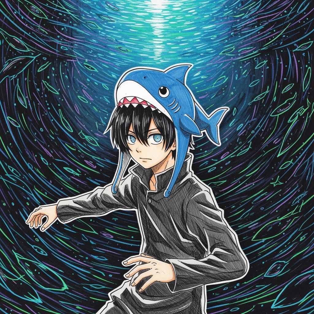 Anime Character with Shark Hat in Ethereal Style