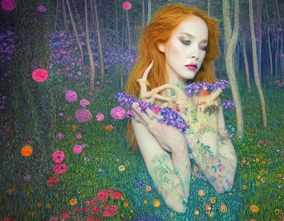 Sunset-Hybrid Woman in Magical Forest, Digital Art