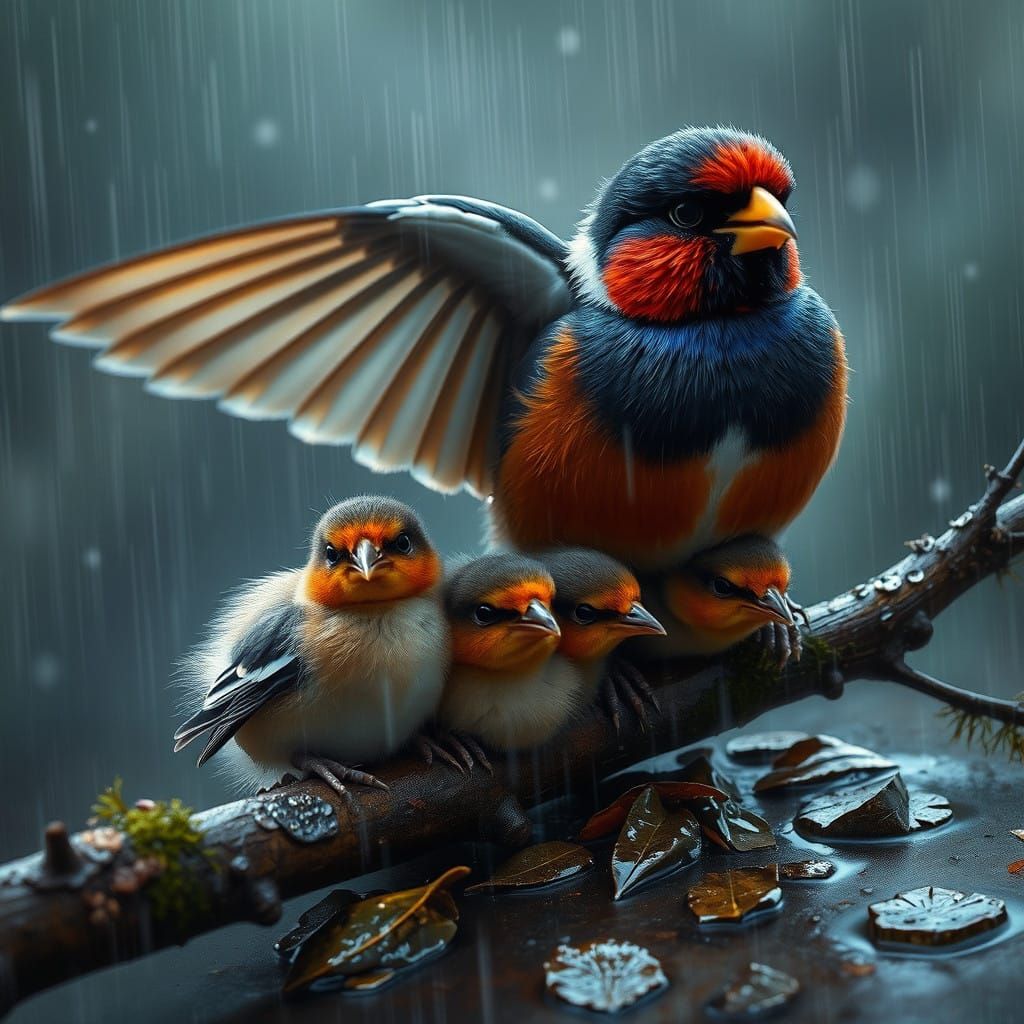 Wildlife Scene: Chicks Under Bullfinch's Wings on a Rainy Ni...