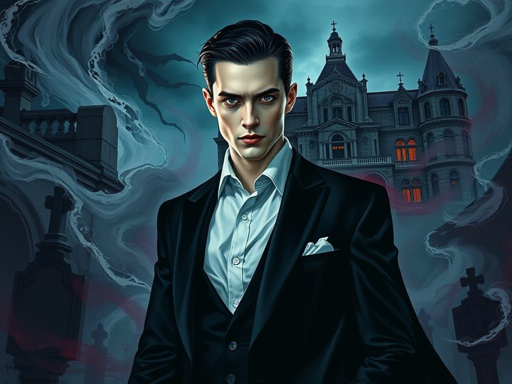 Seductive Vampire in Twilight Vapor Cemetery Scene Expressio...