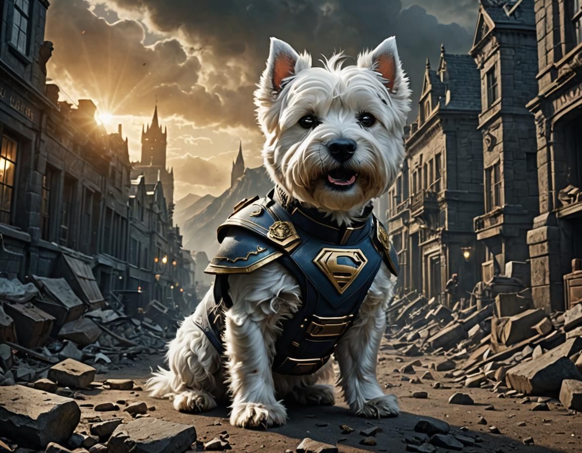 Westie as a Superhero: Epic Digital Painting