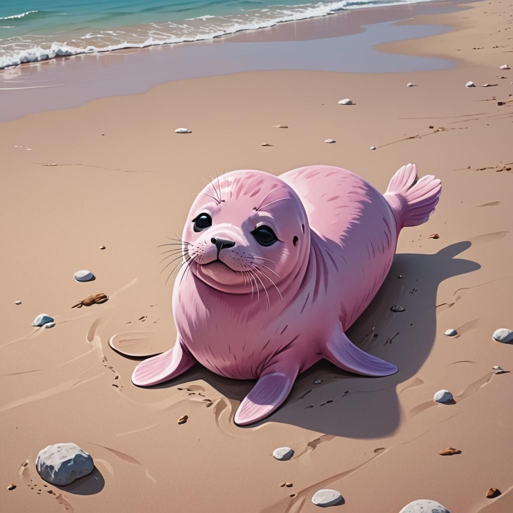 Pink Baby Seal on the Beach: Anime Style