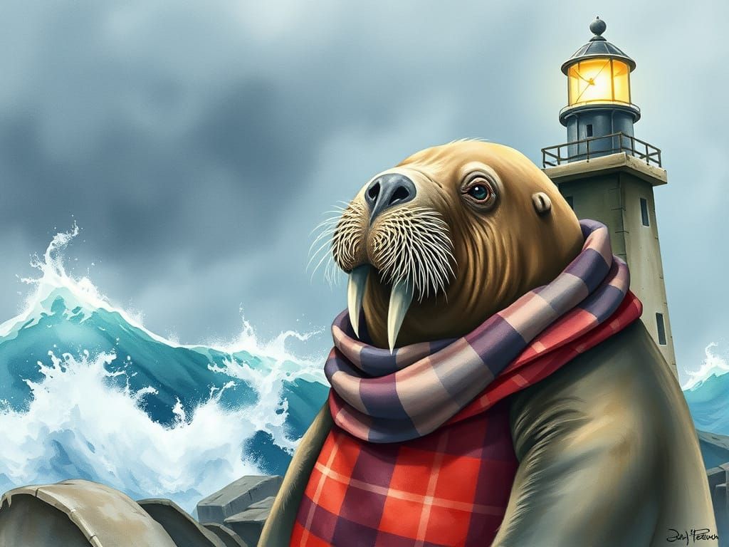 Walrus at Lighthouse in Watercolor Style