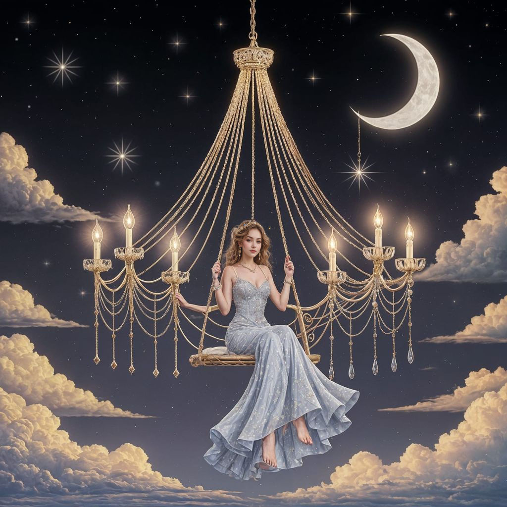 Fairy on Chandelier Swing in Night Sky
