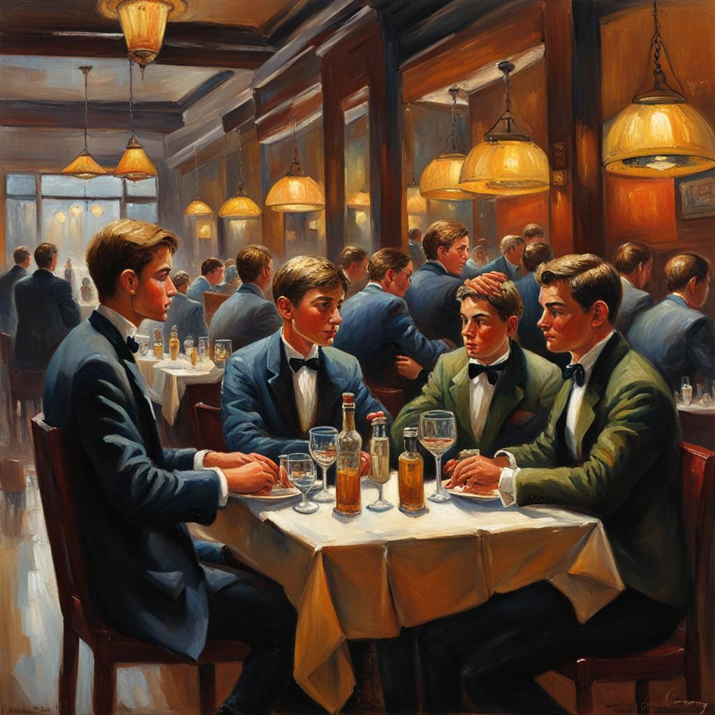 Young men dining out at a restaurant