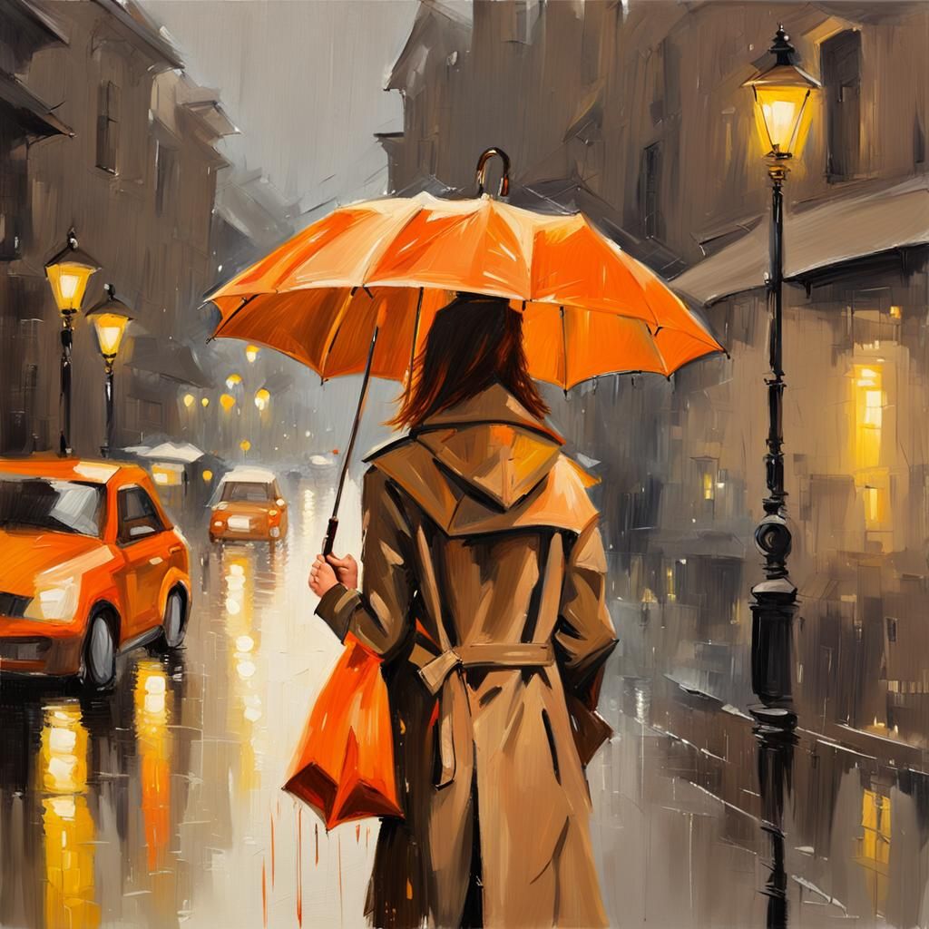Woman with Orange Umbrella in Rainy Italian Street