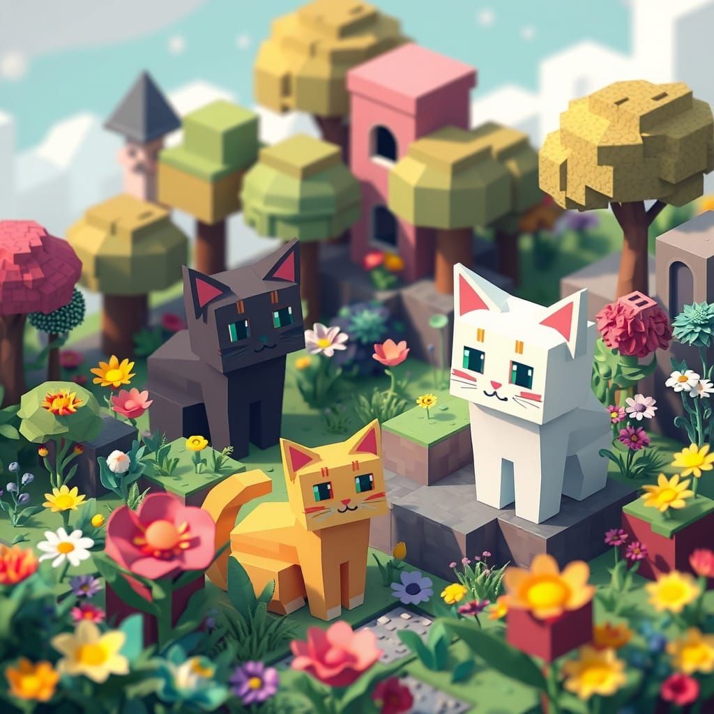 Vibrant Low-Poly World of Blocky Cats and Square Flowers