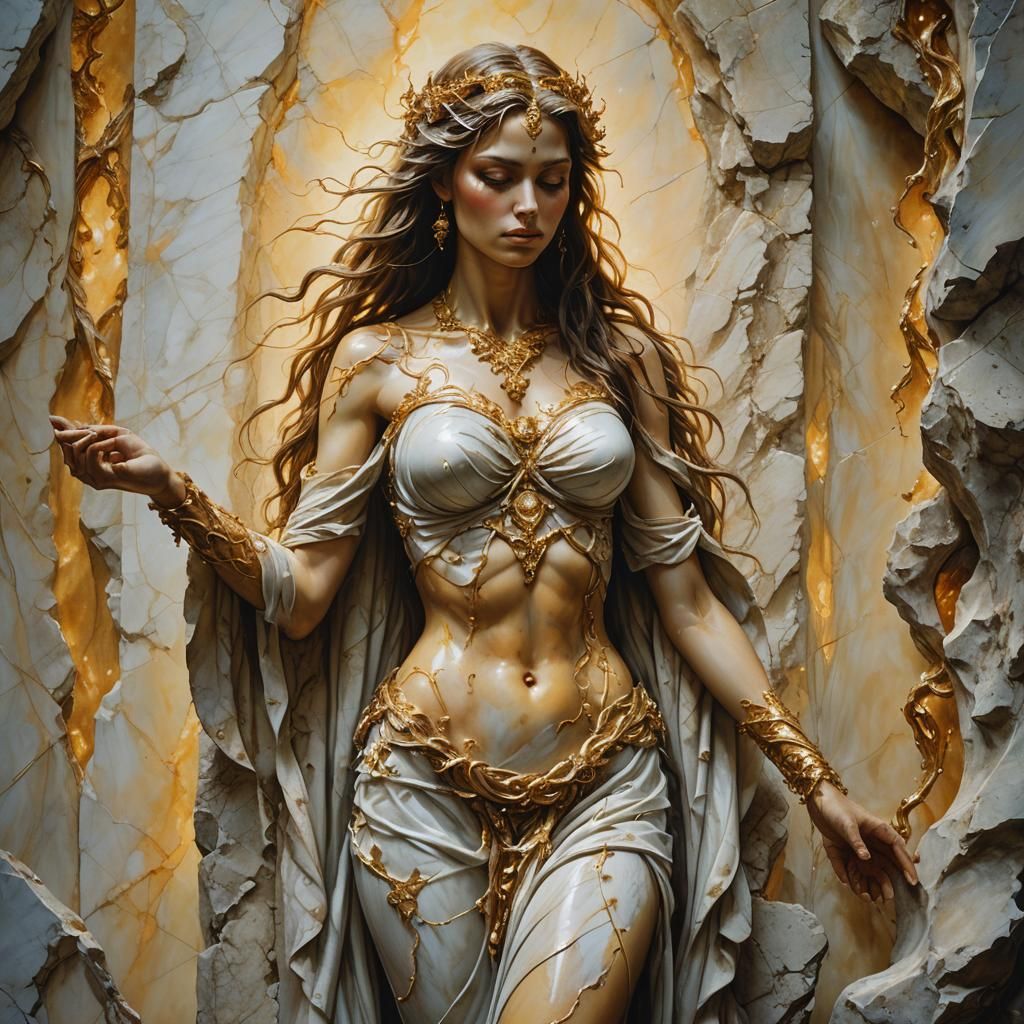 Stone Woman Awakening: A Fantasy Oil Painting