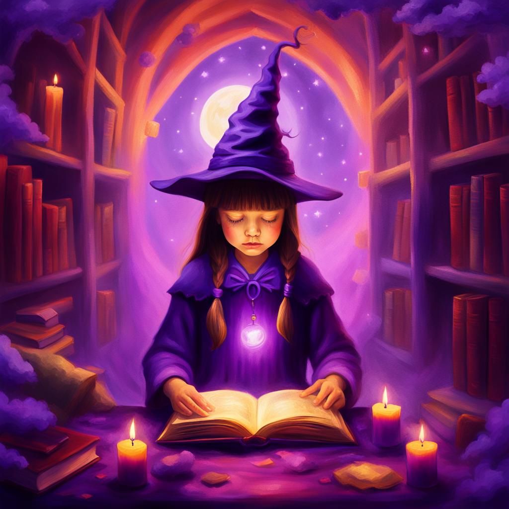 Whimsical Witch Reading Spellbook in Dreamlike Forest